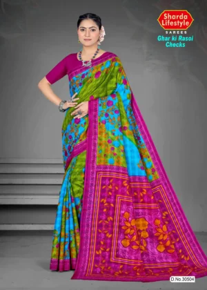 Sharda Lifestyle green floral printed saree with pink border and blue accents from Ghar ki Rasoi Checks collection