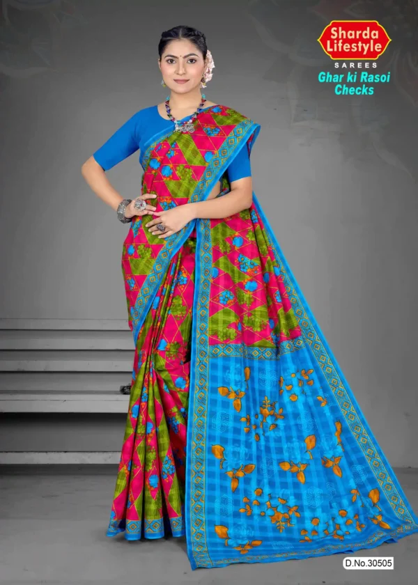 Sharda Lifestyle pink and green printed saree with blue border and orange floral pallu from Ghar ki Rasoi Checks collection