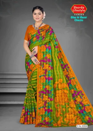 Model draped in Ghar ki Rasoi Checks green and orange floral printed saree by Sharda Lifestyle with subtle check patterns