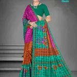 Model in Ghar ki Rasoi Checks teal green saree with rust-orange pleats and magenta pallu, detailed with floral prints