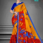 Model wearing Ghar ki Rasoi Checks mustard yellow and red saree with blue floral design and contrasting blouse