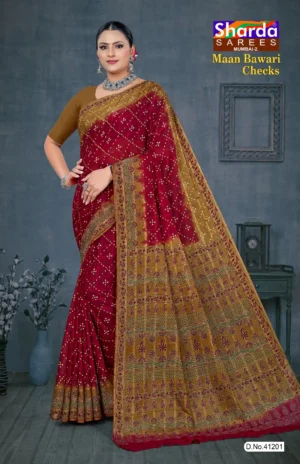 Maroon Maan Bawari Checks saree with mustard printed border by Sharda Sarees