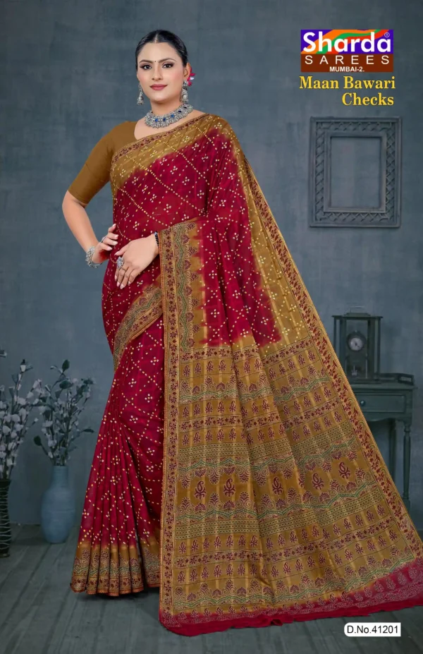 Maroon Maan Bawari Checks saree with mustard printed border by Sharda Sarees