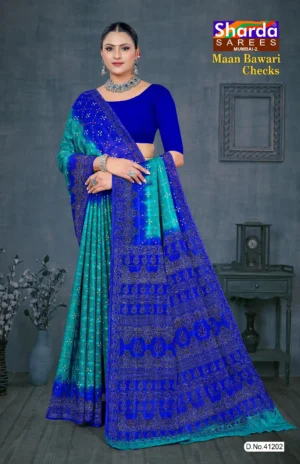 Blue Maan Bawari Checks saree with green gradient and traditional motifs by Sharda Sarees