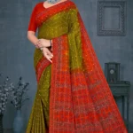 Model wearing olive green and red Maan Bawari Checks saree with printed pallu by Sharda Sarees