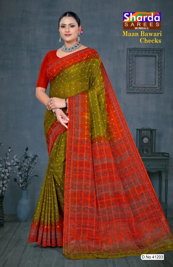 Model wearing olive green and red Maan Bawari Checks saree with printed pallu by Sharda Sarees