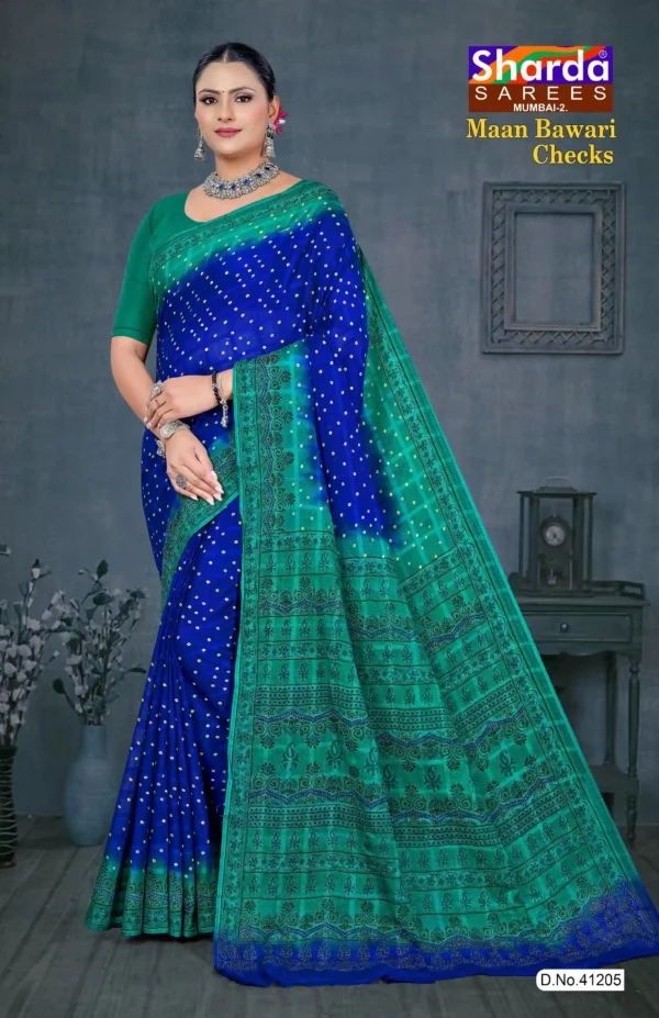 Woman wearing blue and green Maan Bawari Checks saree with bandhani-style dots and printed pallu by Sharda Sarees