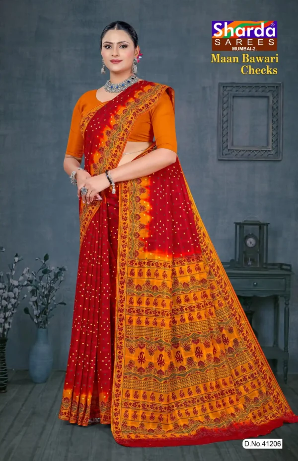 Woman in red and yellow Maan Bawari Checks saree with traditional bandhej print and detailed ethnic border by Sharda Sarees
