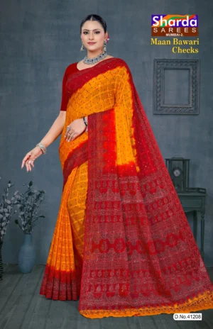 Model wearing yellow and red Maan Bawari Checks saree with Bandhej dots and rich ethnic print in cotton silk