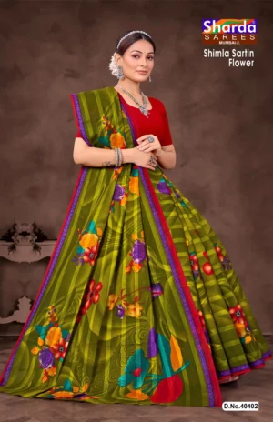 Model wearing olive green floral satin saree with red and purple border from Shimla Sartin Flower collection by Sharda Sarees