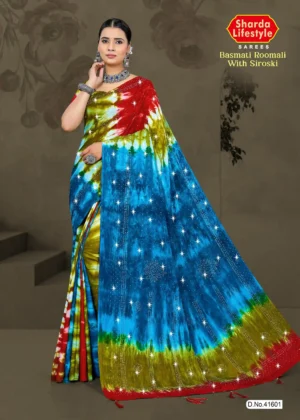 Model wearing vibrant Basmati Roomali saree with Siroski crystal work in multicolor