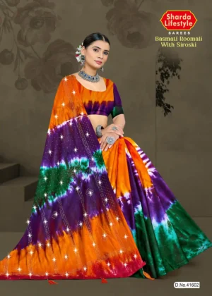 Orange and purple basmati roomali saree with siroski detailing by Sharda Lifestyle