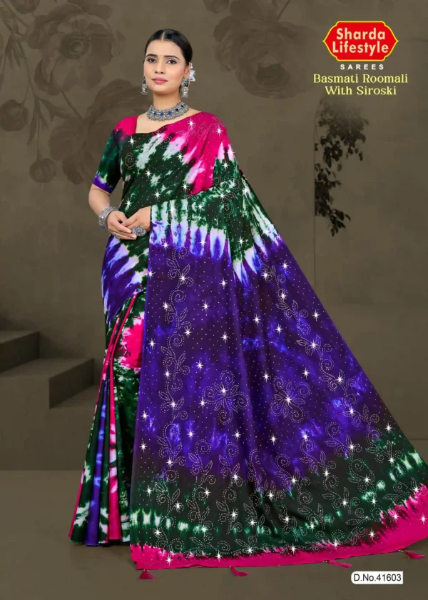 Basmati Roomali With Siroski saree in midnight black color with shimmering Siroski stone work, perfect for evening wear from Sharda Sarees.