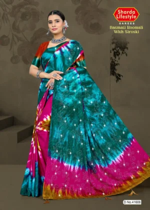 Basmati Roomali With Siroski – Teal Spark Edition designer saree in teal color with shimmering Siroski embellishments