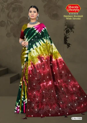 Crimson red Basmati Roomali saree with shimmering Siroski stone embellishments, ideal for weddings and traditional events by Sharda Sarees.