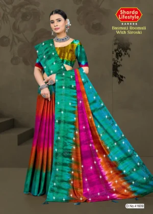Aqua blue Basmati Roomali saree with sparkling Siroski embellishments, perfect for elegant and festive occasions by Sharda Sarees.