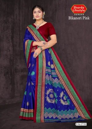 Royal blue silk saree with red Kath designs – Regal Bikaneri Elegance by Sharda Sarees.