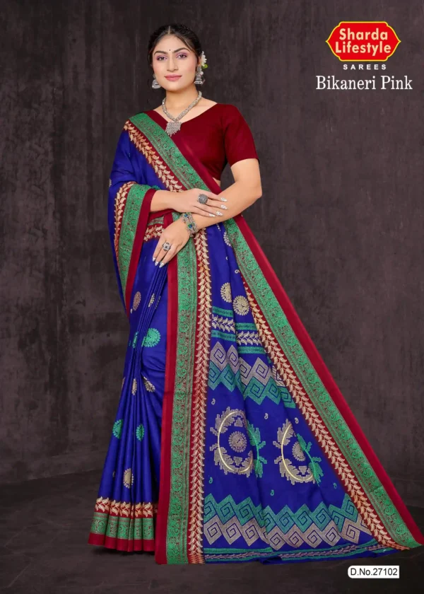 Royal blue silk saree with red Kath designs – Regal Bikaneri Elegance by Sharda Sarees.