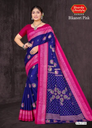 Royal blue silk saree with pink Kaath embroidery – Royal Hues by Sharda Sarees