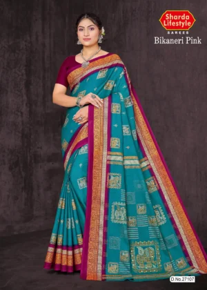 Cyan blue silk saree with soft weaving and traditional elegance – Mystic Cyan Grace by Sharda Sarees