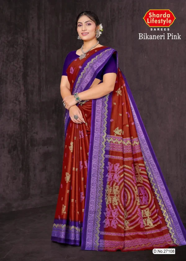 Mocha brown silk saree with purple Kaath embroidery – Royal Mocha Charm by Sharda Sarees