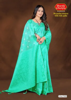 Emerald green silk saree with traditional weave – Boyanika Weaves Emerald Grace by Sharda Sarees