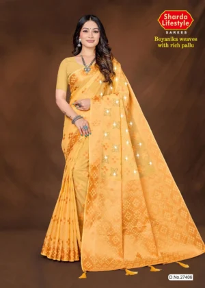 Golden and marigold silk saree with intricate Boyanika pallu – Golden Marigold Edition by Sharda Sarees