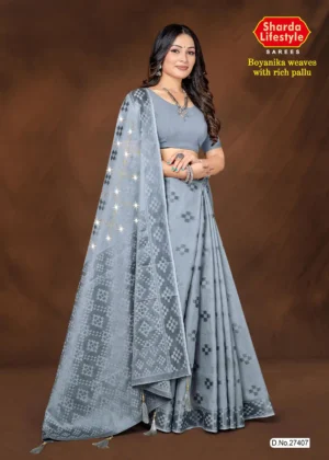 Elegant silver-grey silk saree with intricate Boyanika pallu – Silver Mist Edition by Sharda Sarees