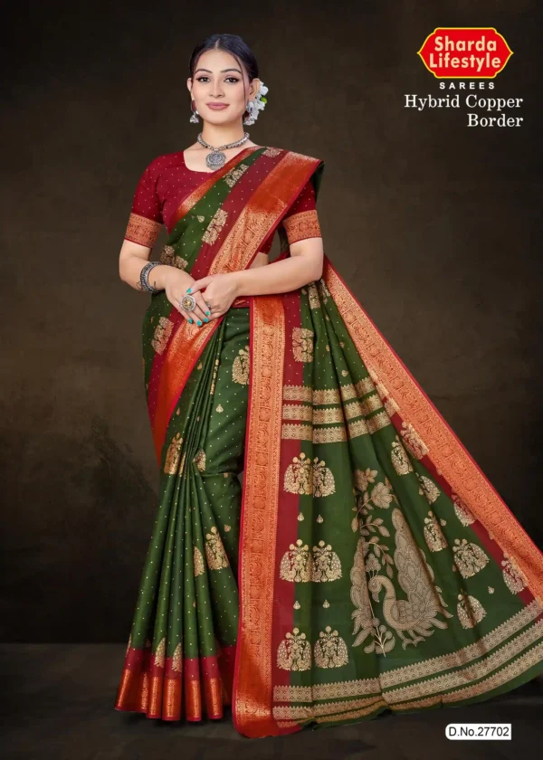 Model draped in olive green Hybrid Copper Border saree with maroon contrast and antique copper zari peacock pallu