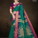 Model wearing teal green Hybrid Copper Border saree with purple contrast blouse and twin peacock antique copper zari pallu