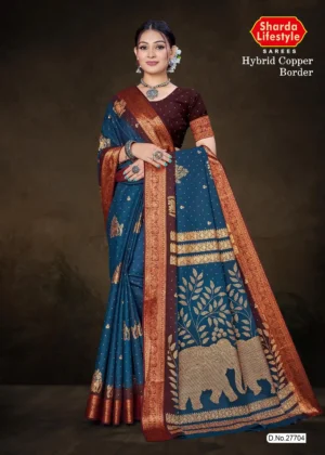 Model draped in deep blue Hybrid Copper Border saree with maroon contrast blouse and antique copper zari elephant pallu