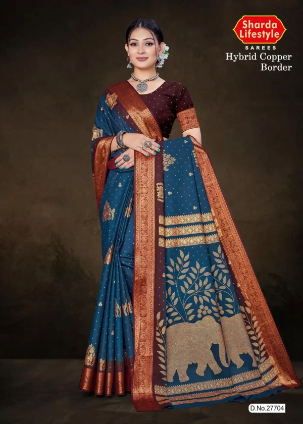Model draped in deep blue Hybrid Copper Border saree with maroon contrast blouse and antique copper zari elephant pallu