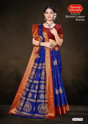 Model wearing royal blue Hybrid Copper Border saree with maroon blouse and antique copper zari temple motifs