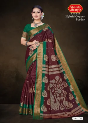 Model wearing maroon Hybrid Copper Border saree with green blouse and antique copper zari peacock and floral motifs