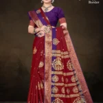 Model wearing red Hybrid Copper Border saree with purple blouse and antique copper zari floral and medallion motifs