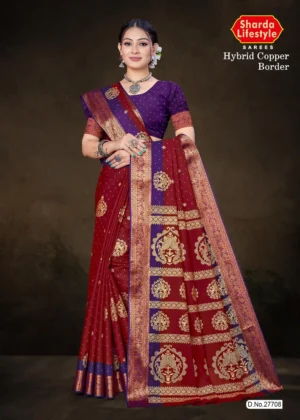 Model wearing red Hybrid Copper Border saree with purple blouse and antique copper zari floral and medallion motifs