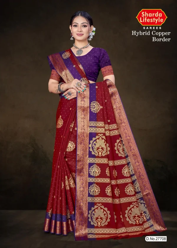 Model wearing red Hybrid Copper Border saree with purple blouse and antique copper zari floral and medallion motifs