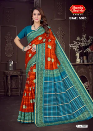 Woman wearing burnt orange and peacock blue Israel Gold saree with green zari border and floral motifs by Sharda Sarees