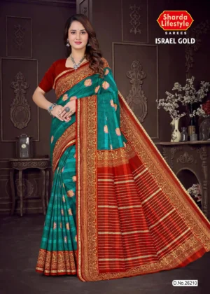 Model wearing Israel Gold saree with teal green base, golden motifs, and maroon zari pallu, perfect for weddings and festivals