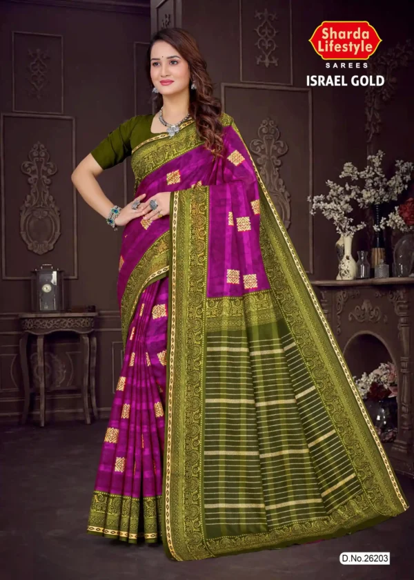 Israel Gold Olive Green and Magenta Saree with Rich Golden Border from Sharda Sarees