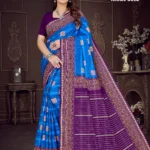 Model wearing Israel Gold Royal Purple Saree by Sharda Sarees with intricate golden zari work in blue and purple combination