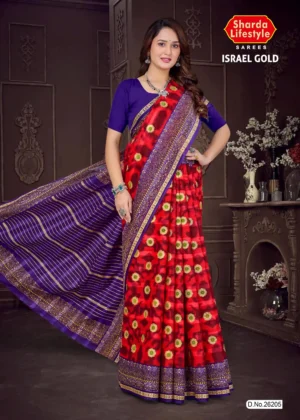 Model wearing Israel Gold Crimson Floral Saree by Sharda Sarees with red base, golden floral motifs, and violet pallu