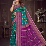 Model wearing Israel Gold Green & Purple Saree with floral motifs, zari woven border, and striped pallu by Sharda Sarees