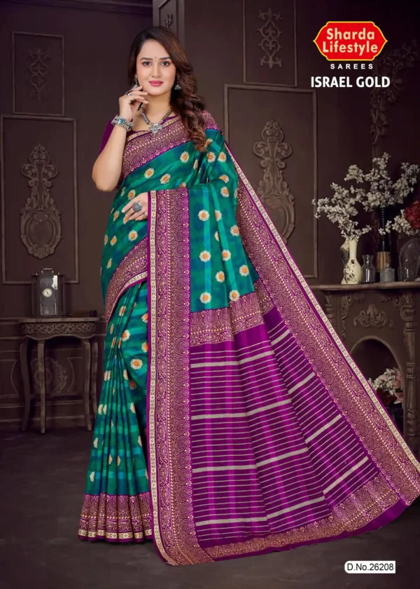 Model wearing Israel Gold Green & Purple Saree with floral motifs, zari woven border, and striped pallu by Sharda Sarees
