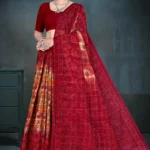 Model wearing Jayraj Checks red saree with golden floral base and detailed red woven pallu by Sharda Sarees