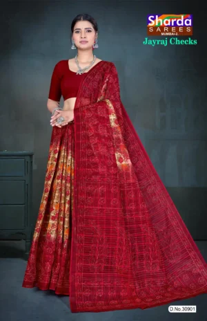 Model wearing Jayraj Checks red saree with golden floral base and detailed red woven pallu by Sharda Sarees
