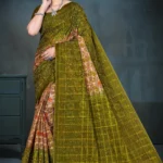 Model wearing olive green Jayraj Checks saree with multicolor floral base and woven golden pallu featuring peacock motifs by Sharda Sarees