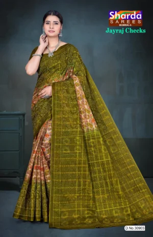 Model wearing olive green Jayraj Checks saree with multicolor floral base and woven golden pallu featuring peacock motifs by Sharda Sarees
