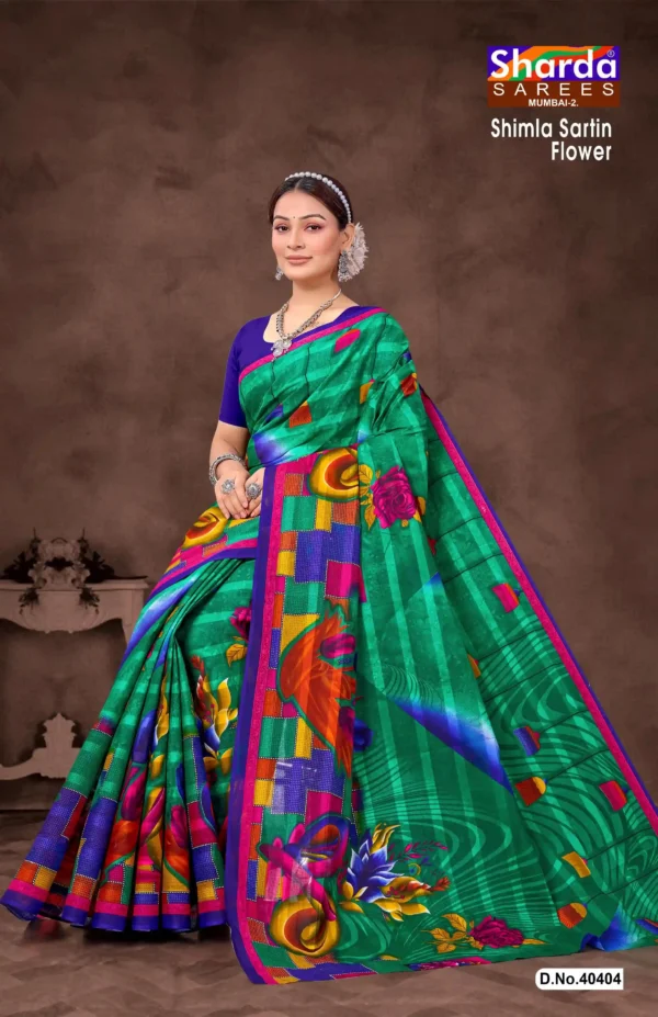 Green Shimla Sartin Flower saree with vibrant multicolor prints by Sharda Sarees