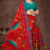 Model wearing Shimla Sartin Flower satin saree by Sharda Sarees in vibrant red with floral and abstract print
